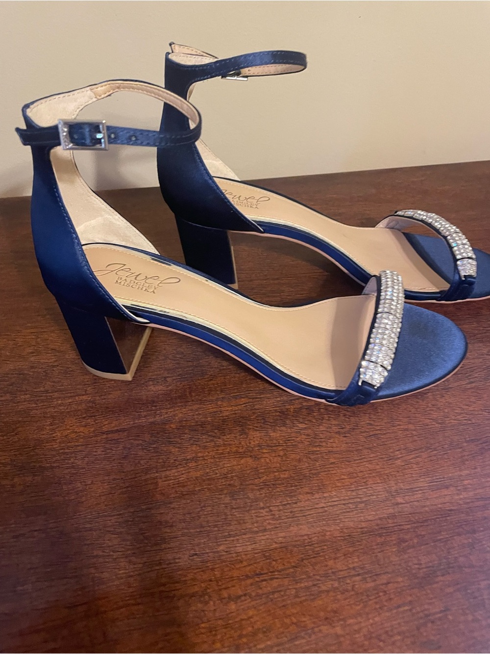 Badgley Mischka Navy Satin Block Heel Sandals with Crystal Straps